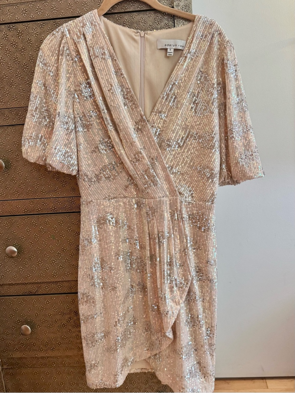 Adelyn Rae Blush Champagne Sequin Wrap Mini Dress SIZE: Small - Like New